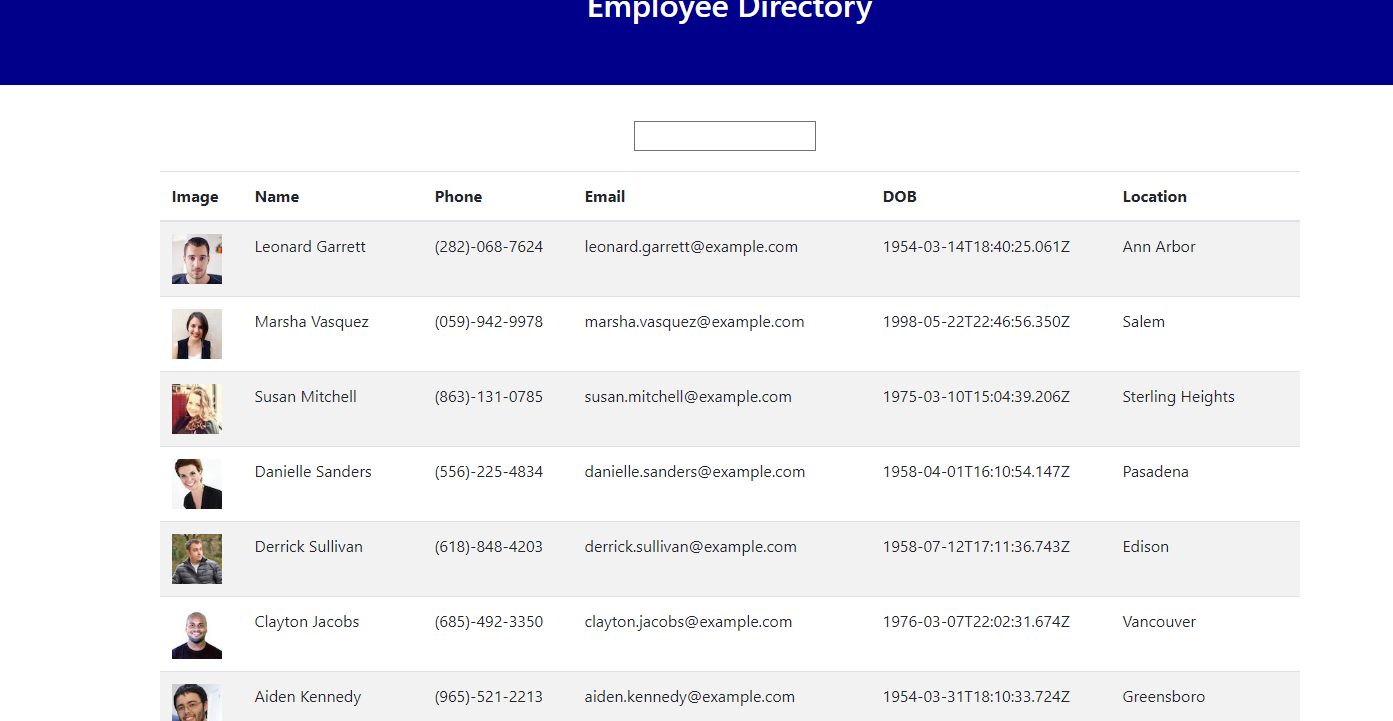 The application's main page. A table listing each employee and showing a picture and relevant information