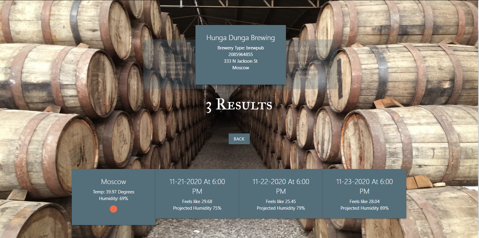 The results page, showing the breweries in the zip code above, and a weather forecast below.