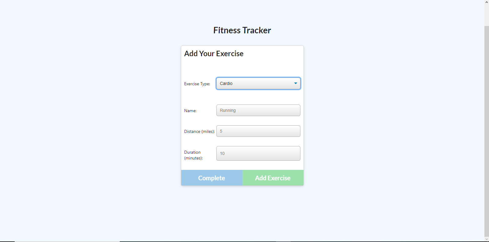 A form allowing the user to enter workout information